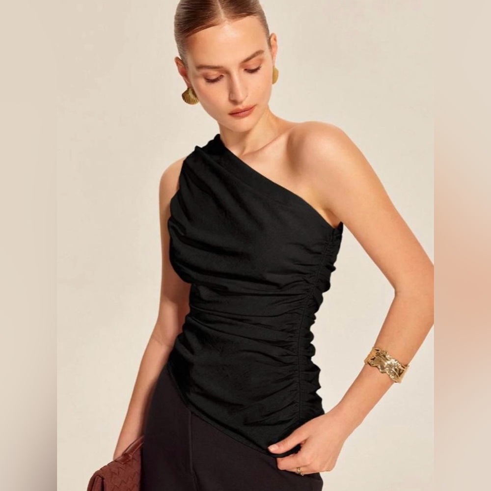 NEW Commense Revolve Women’s Ruched Sleeveless Tank Top One Shoulder Black Small